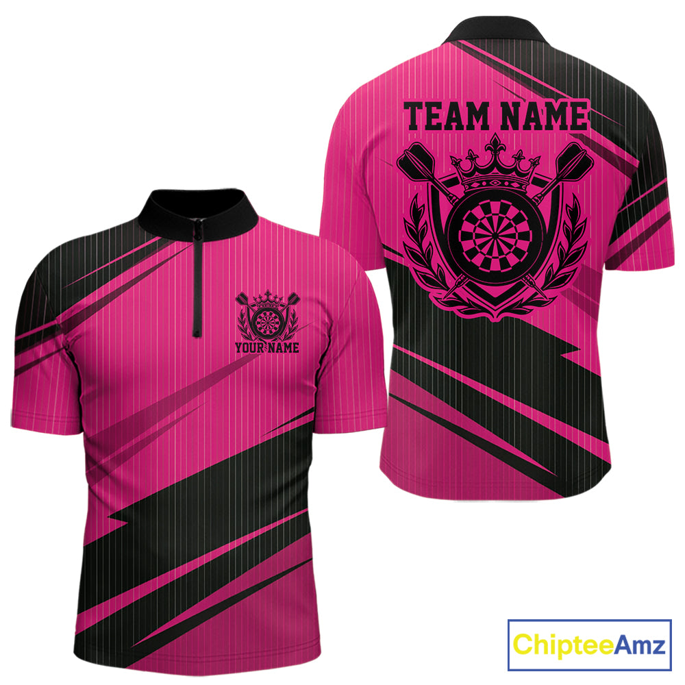 Custom Black And Pink Classic Crowned Dart Men Quarter Zip Shirt, Darts Team Jersey IPHW12078