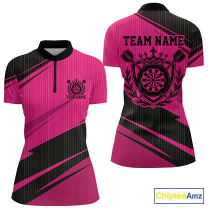 Custom Black And Pink Classic Crowned Dart Women Quarter-Zip Shirt, Darts Team Jersey IPHW12078