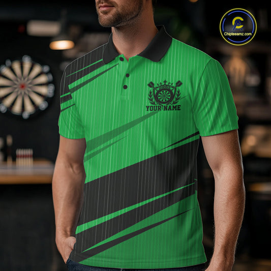 Custom Black And Green Classic Crowned Dart Men Polo Shirt, Darts Team Jersey IPHW12079