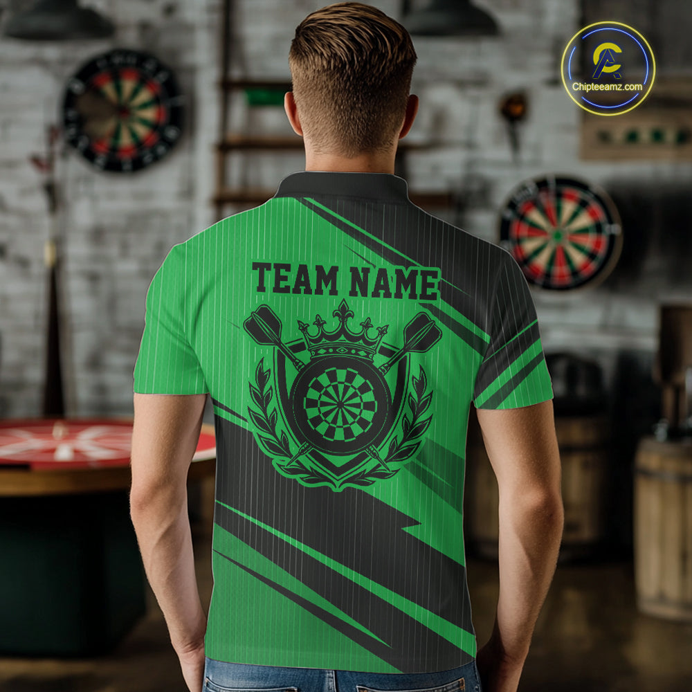 Custom Black And Green Classic Crowned Dart Men Polo Shirt, Darts Team Jersey IPHW12079