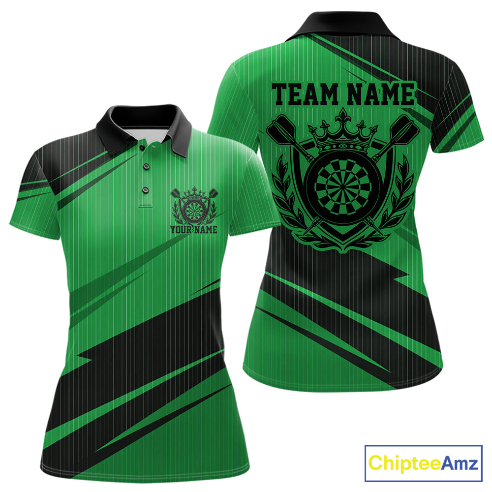 Custom Black And Green Classic Crowned Dart Women Polo Shirt, Darts Team Jersey IPHW12079
