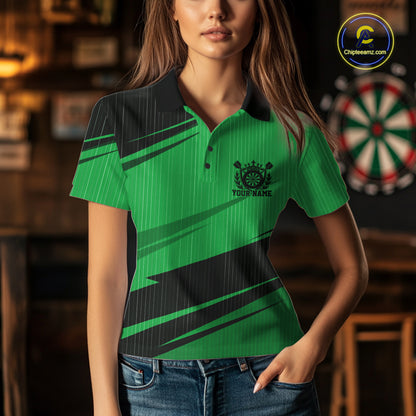 Custom Black And Green Classic Crowned Dart Women Polo Shirt, Darts Team Jersey IPHW12079