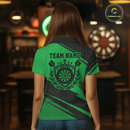 Custom Black And Green Classic Crowned Dart Women Polo Shirt, Darts Team Jersey IPHW12079