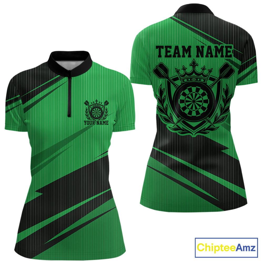Custom Black And Green Classic Crowned Dart Women Quarter-Zip Shirt, Darts Team Jersey IPHW12079
