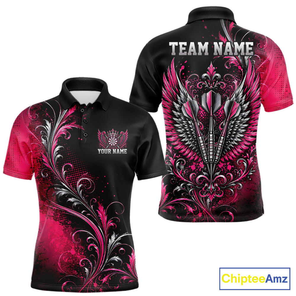 Custom Black And Pink Floral Darts With Wings Men Polo Shirt, Dart Team Jersey IPHW12080