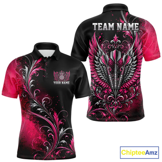 Custom Black And Pink Floral Darts With Wings Men Polo Shirt, Dart Team Jersey IPHW12080
