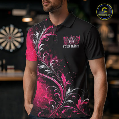 Custom Black And Pink Floral Darts With Wings Men Polo Shirt, Dart Team Jersey IPHW12080