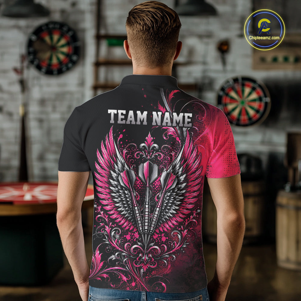 Custom Black And Pink Floral Darts With Wings Men Polo Shirt, Dart Team Jersey IPHW12080