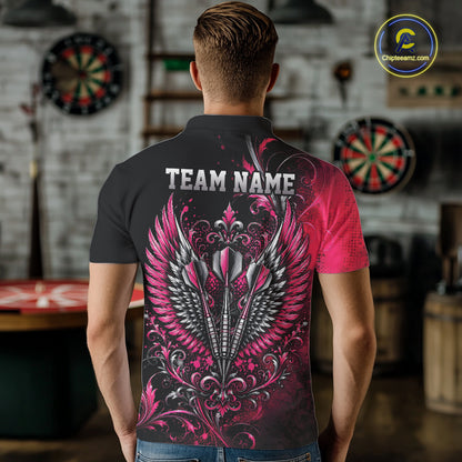 Custom Black And Pink Floral Darts With Wings Men Polo Shirt, Dart Team Jersey IPHW12080