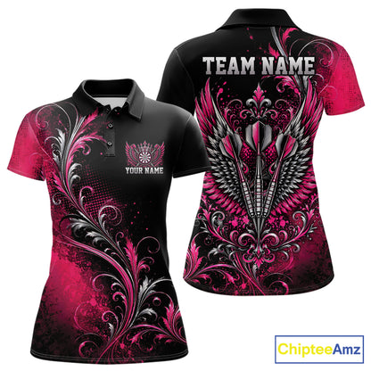 Custom Black And Pink Floral Darts With Wings Women Polo Shirt, Dart Team Jersey IPHW12080