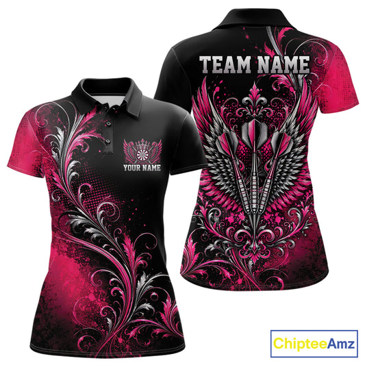 Custom Black And Pink Floral Darts With Wings Women Polo Shirt, Dart Team Jersey IPHW12080