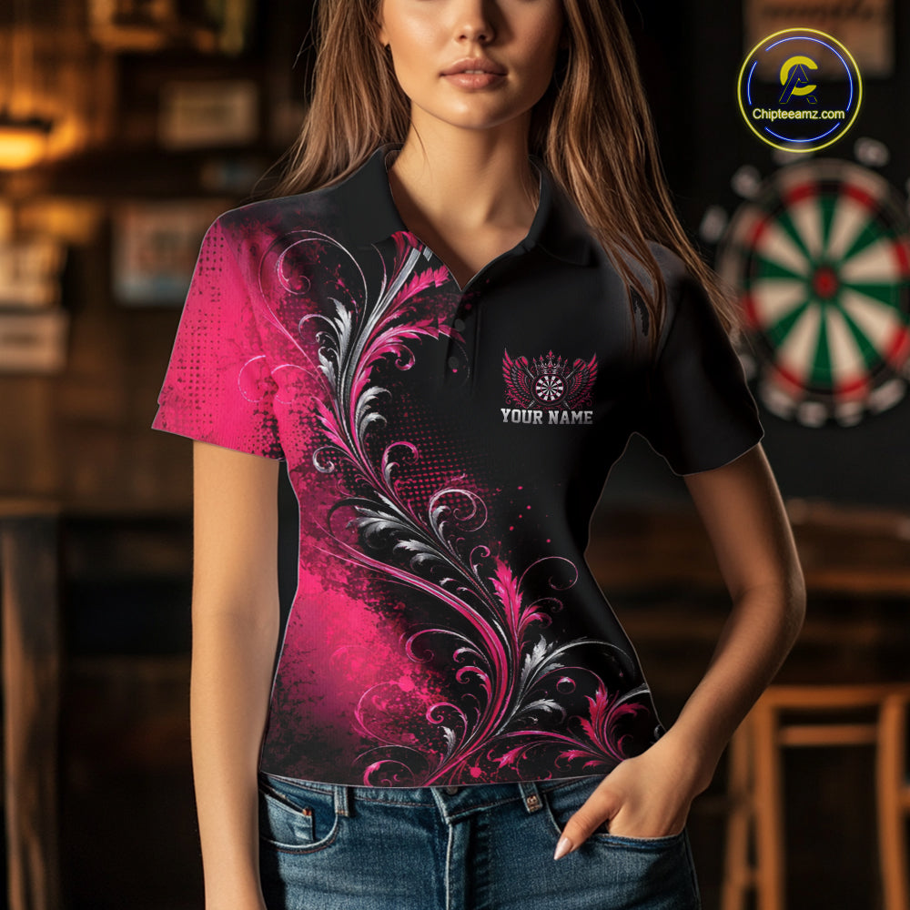 Custom Black And Pink Floral Darts With Wings Women Polo Shirt, Dart Team Jersey IPHW12080