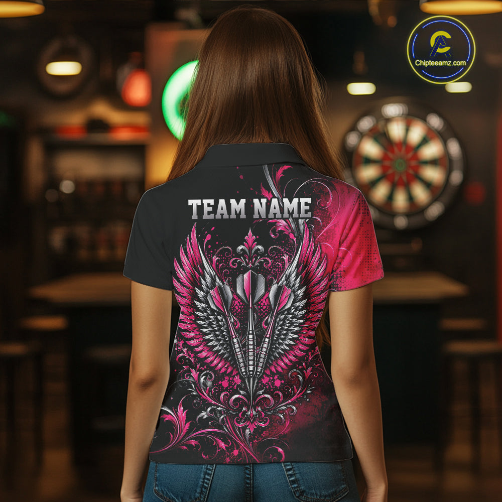 Custom Black And Pink Floral Darts With Wings Women Polo Shirt, Dart Team Jersey IPHW12080