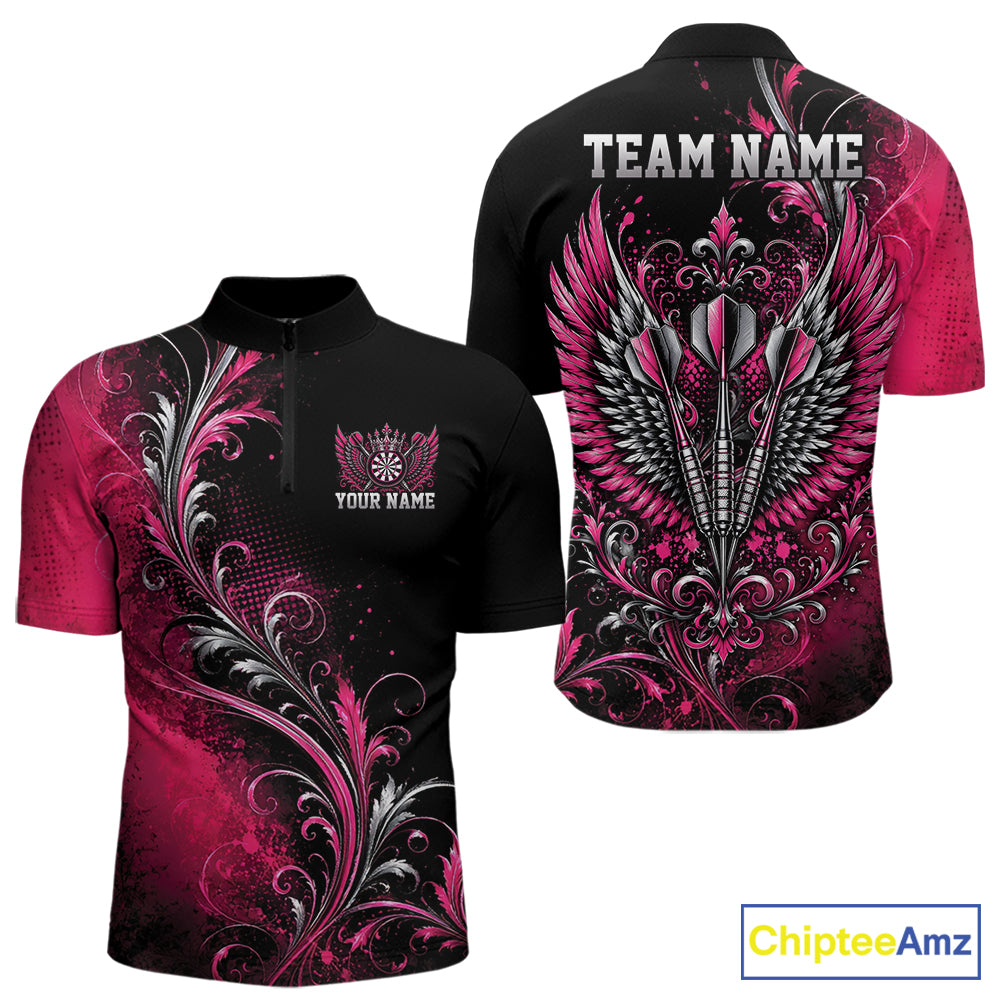 Custom Black And Pink Floral Darts With Wings Men Quarter Zip Shirt, Dart Team Jersey IPHW12080