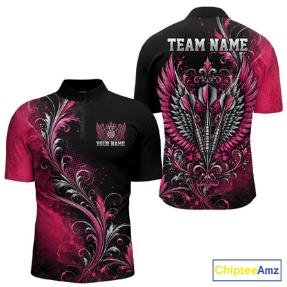Custom Black And Pink Floral Darts With Wings Men Quarter Zip Shirt, Dart Team Jersey IPHW12080