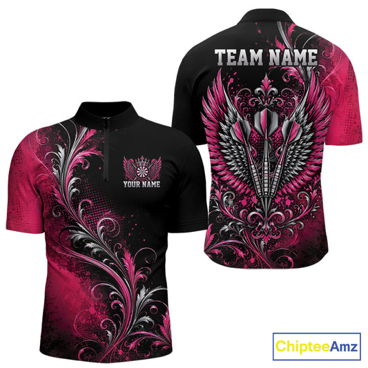 Custom Black And Pink Floral Darts With Wings Men Quarter Zip Shirt, Dart Team Jersey IPHW12080