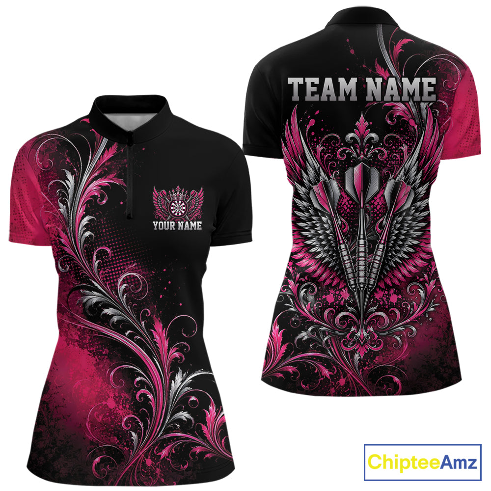 Custom Black And Pink Floral Darts With Wings Women Quarter-Zip Shirt, Dart Team Jersey IPHW12080