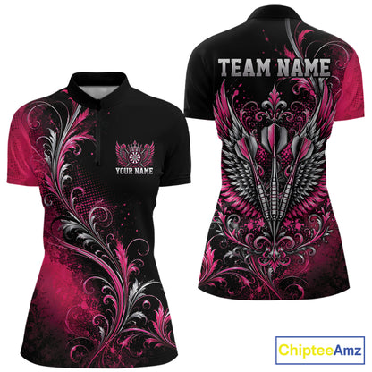 Custom Black And Pink Floral Darts With Wings Women Quarter-Zip Shirt, Dart Team Jersey IPHW12080