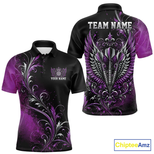 Custom Black And Purple Floral Darts With Wings Men Polo Shirt, Dart Team Jersey IPHW12081
