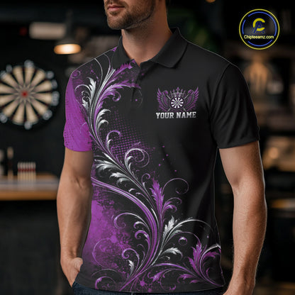 Custom Black And Purple Floral Darts With Wings Men Polo Shirt, Dart Team Jersey IPHW12081