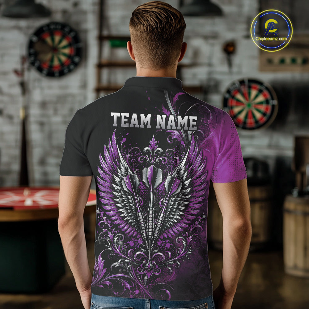 Custom Black And Purple Floral Darts With Wings Men Polo Shirt, Dart Team Jersey IPHW12081