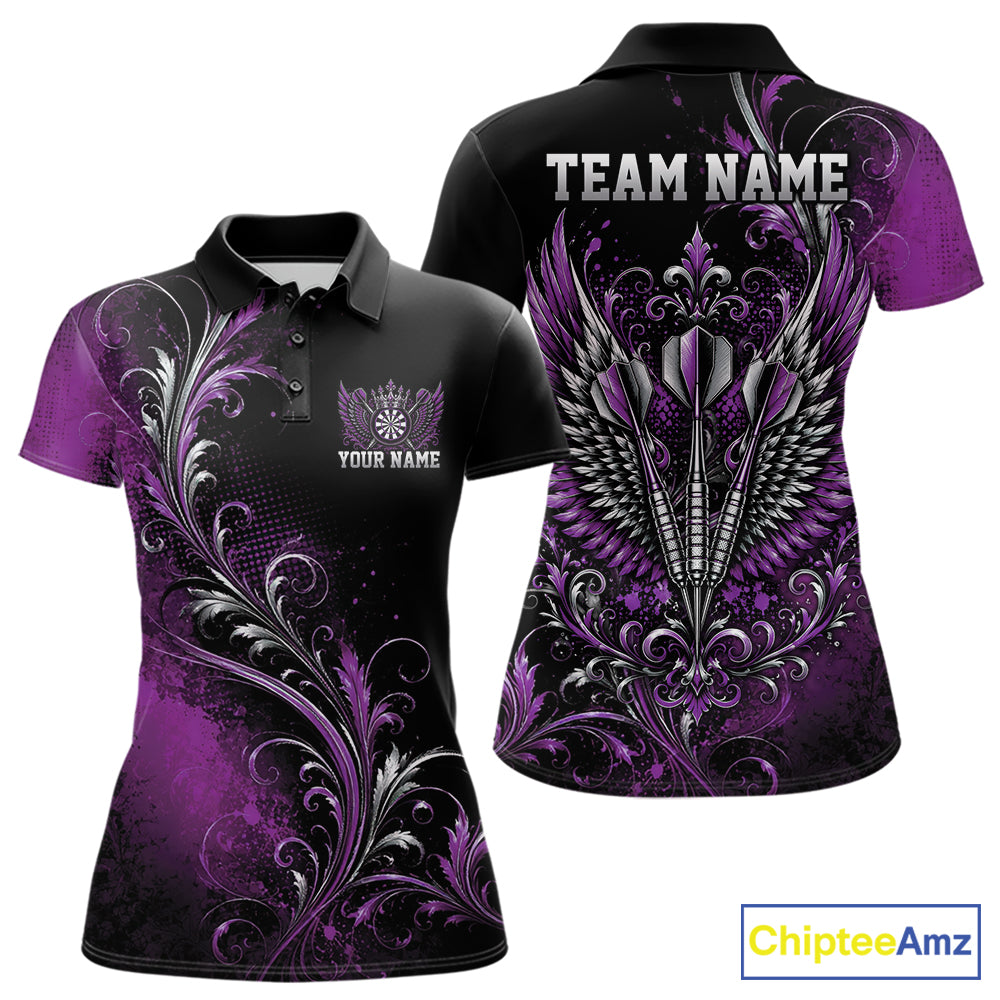 Custom Black And Purple Floral Darts With Wings Women Polo Shirt, Dart Team Jersey IPHW12081