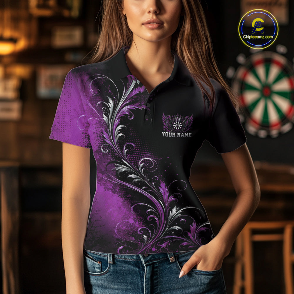 Custom Black And Purple Floral Darts With Wings Women Polo Shirt, Dart Team Jersey IPHW12081