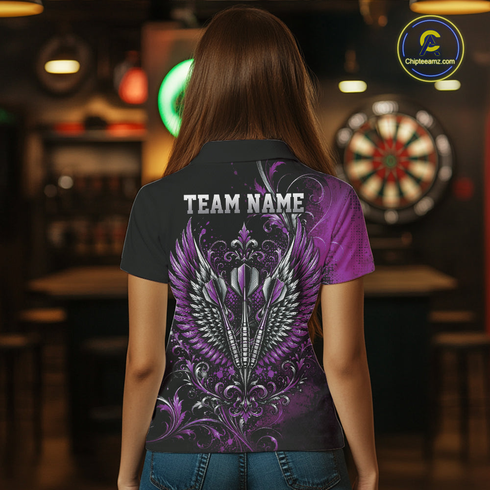 Custom Black And Purple Floral Darts With Wings Women Polo Shirt, Dart Team Jersey IPHW12081