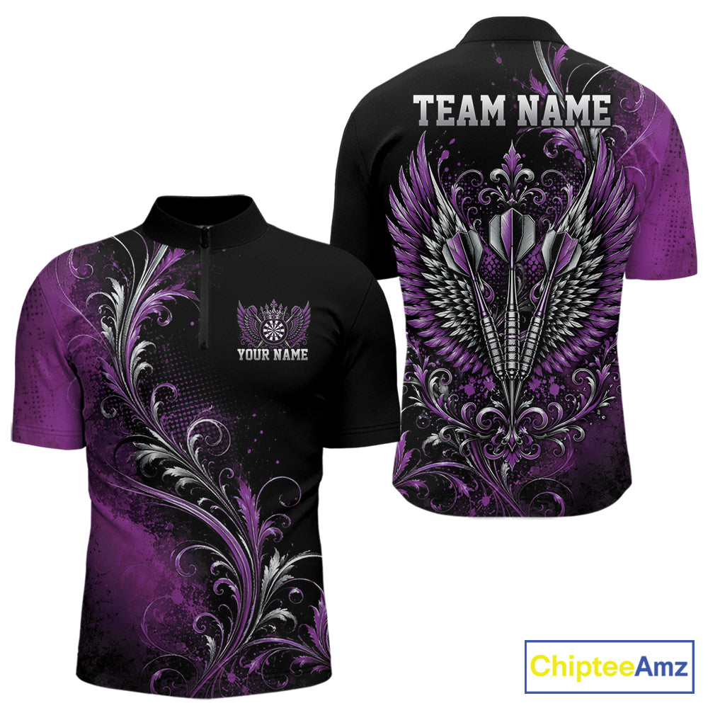 Custom Black And Purple Floral Darts With Wings Men Quarter Zip Shirt, Dart Team Jersey IPHW12081