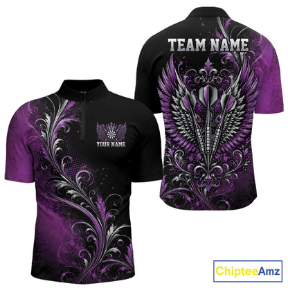 Custom Black And Purple Floral Darts With Wings Men Quarter Zip Shirt, Dart Team Jersey IPHW12081