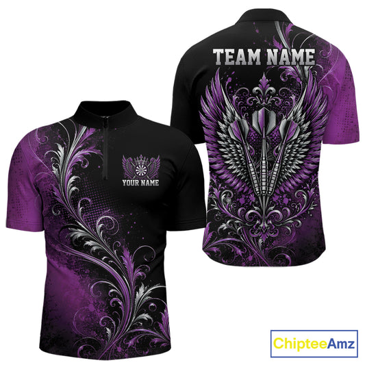 Custom Black And Purple Floral Darts With Wings Men Quarter Zip Shirt, Dart Team Jersey IPHW12081