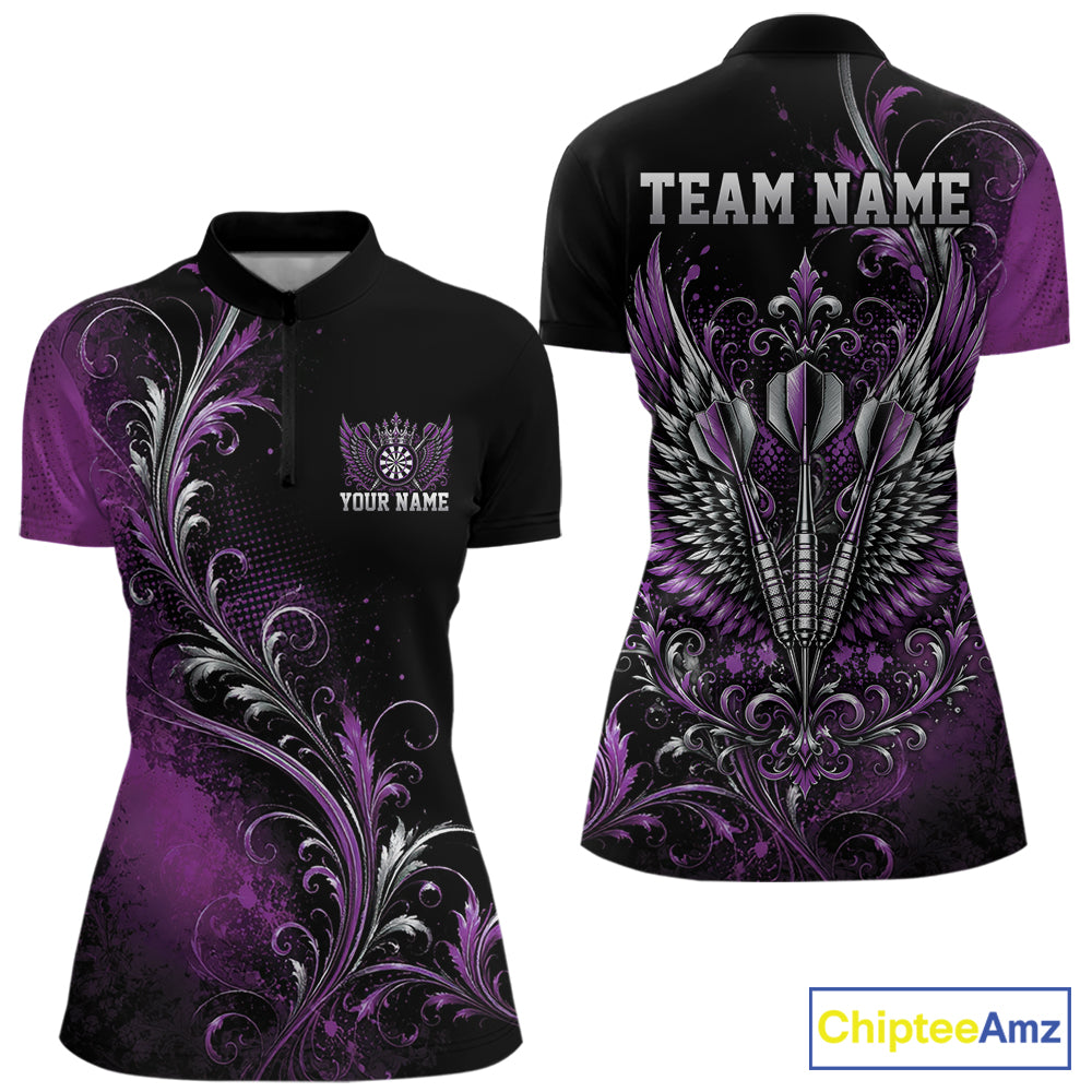 Custom Black And Purple Floral Darts With Wings Women Quarter-Zip Shirt, Dart Jersey IPHW12081
