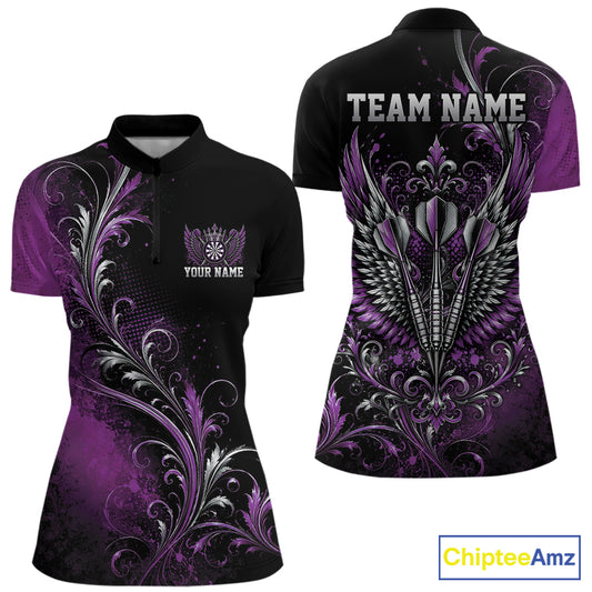 Custom Black And Purple Floral Darts With Wings Women Quarter-Zip Shirt, Dart Jersey IPHW12081