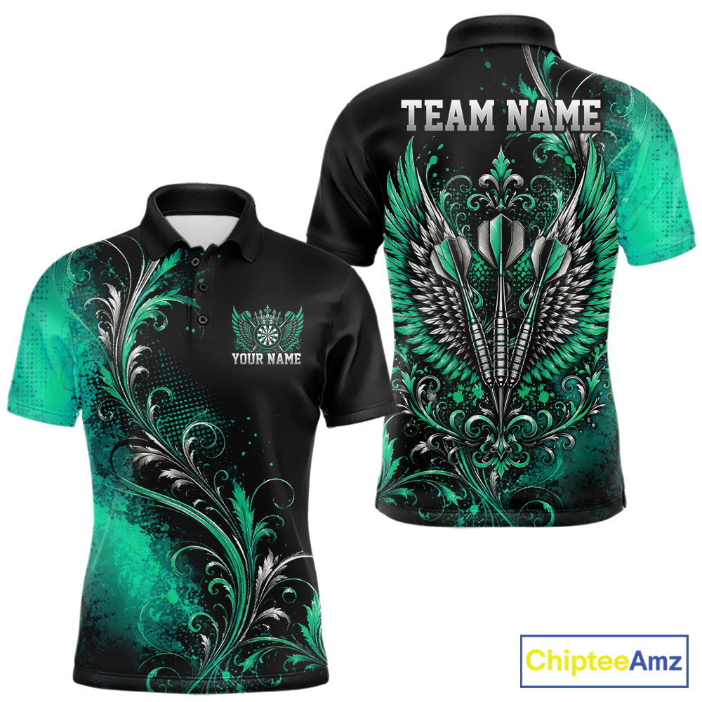 Custom Black And Green Floral Darts With Wings Men Polo Shirt, Dart Team Jersey IPHW12082