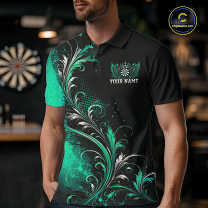 Custom Black And Green Floral Darts With Wings Men Polo Shirt, Dart Team Jersey IPHW12082