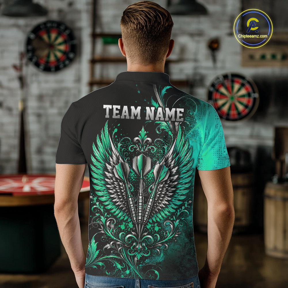 Custom Black And Green Floral Darts With Wings Men Polo Shirt, Dart Team Jersey IPHW12082