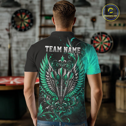 Custom Black And Green Floral Darts With Wings Men Polo Shirt, Dart Team Jersey IPHW12082