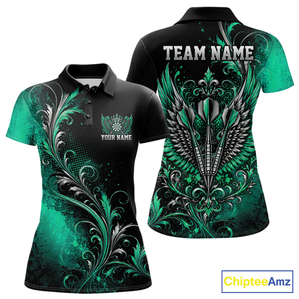 Custom Black And Green Floral Darts With Wings Women Polo Shirt, Dart Team Jersey IPHW12082