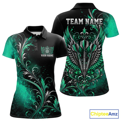 Custom Black And Green Floral Darts With Wings Women Polo Shirt, Dart Team Jersey IPHW12082