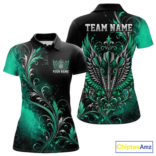Custom Black And Green Floral Darts With Wings Women Polo Shirt, Dart Team Jersey IPHW12082