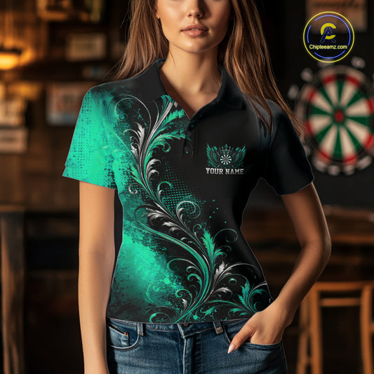 Custom Black And Green Floral Darts With Wings Women Polo Shirt, Dart Team Jersey IPHW12082