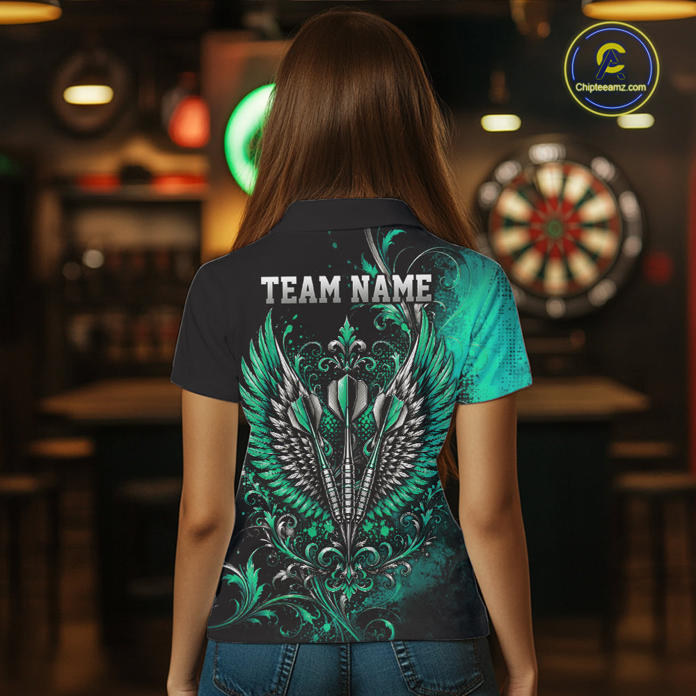 Custom Black And Green Floral Darts With Wings Women Polo Shirt, Dart Team Jersey IPHW12082