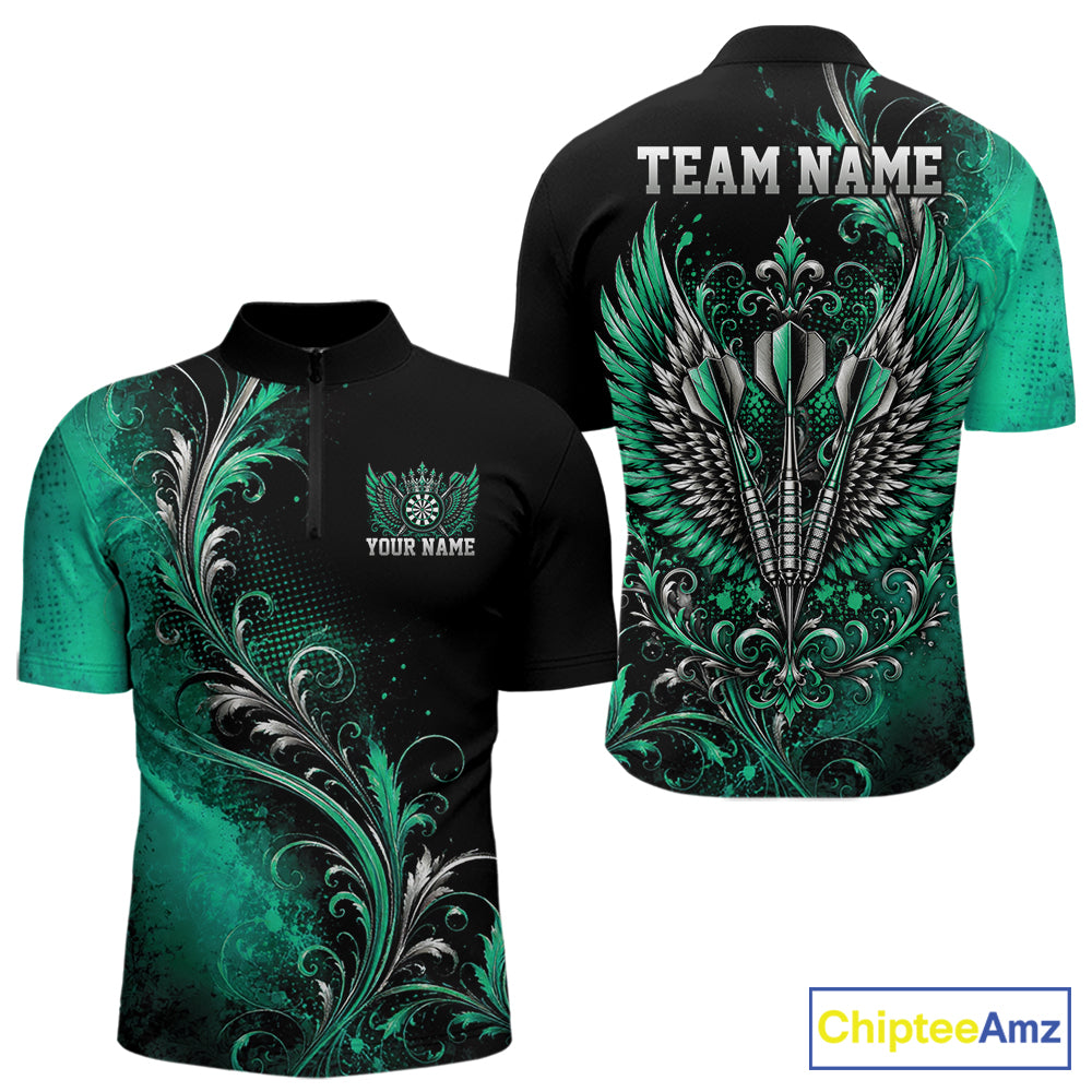 Custom Black And Green Floral Darts With Wings Men Quarter Zip Shirt, Dart Team Jersey IPHW12082