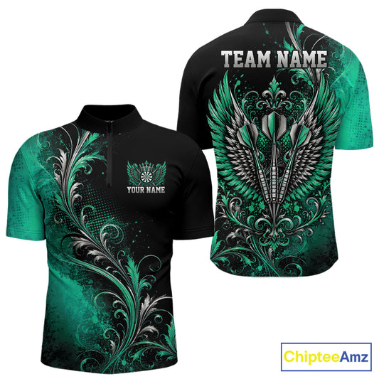 Custom Black And Green Floral Darts With Wings Men Quarter Zip Shirt, Dart Team Jersey IPHW12082