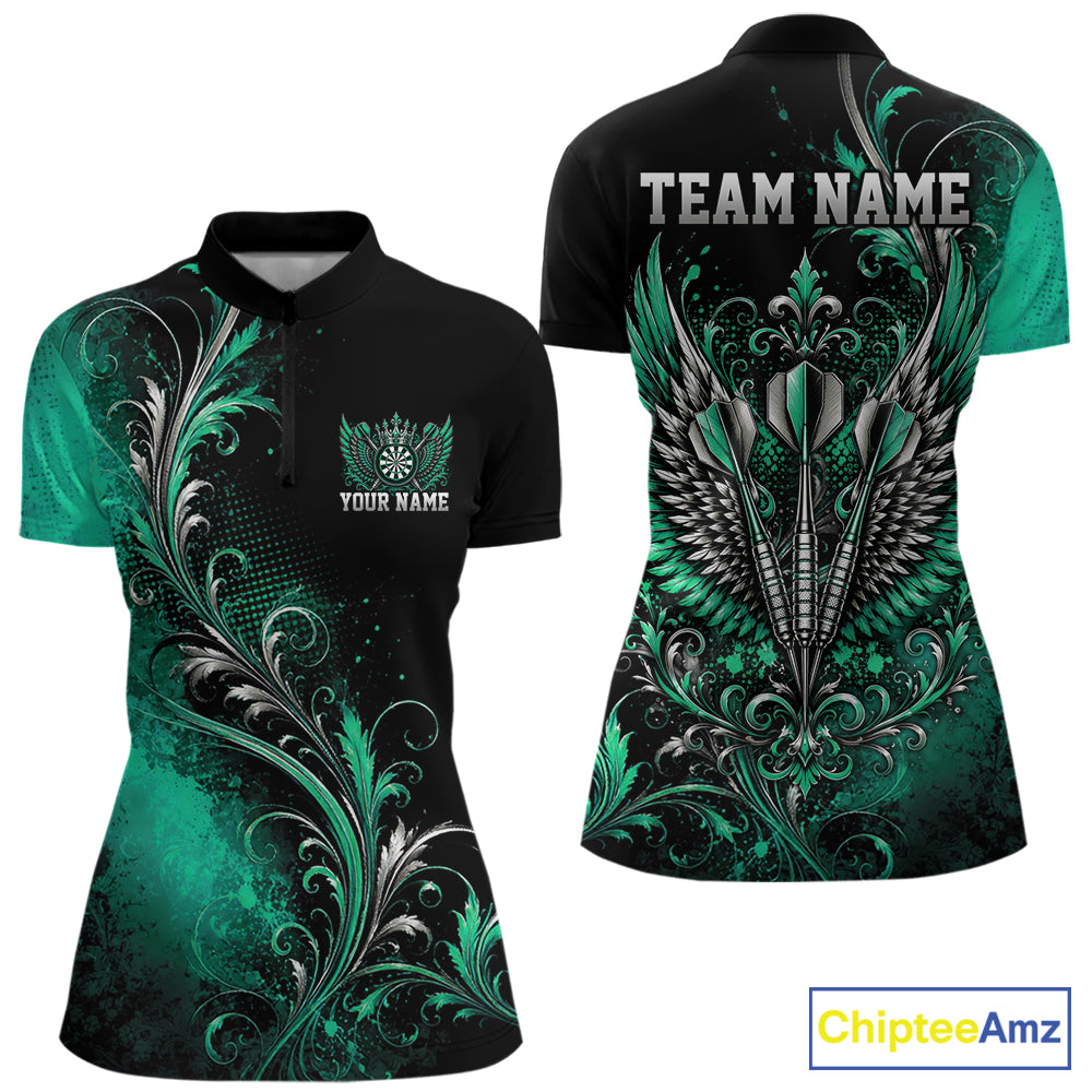Custom Black And Green Floral Darts With Wings Women Quarter-Zip Shirt, Dart Team Jersey IPHW12082