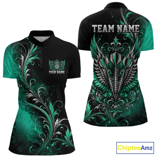 Custom Black And Green Floral Darts With Wings Women Quarter-Zip Shirt, Dart Team Jersey IPHW12082