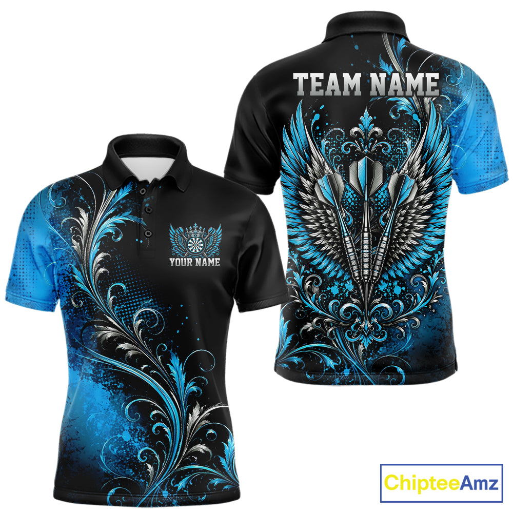 Custom Black And Blue Floral Darts With Wings Men Polo Shirt, Dart Team Jersey IPHW12083