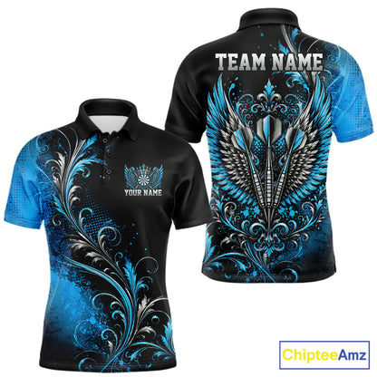 Custom Black And Blue Floral Darts With Wings Men Polo Shirt, Dart Team Jersey IPHW12083
