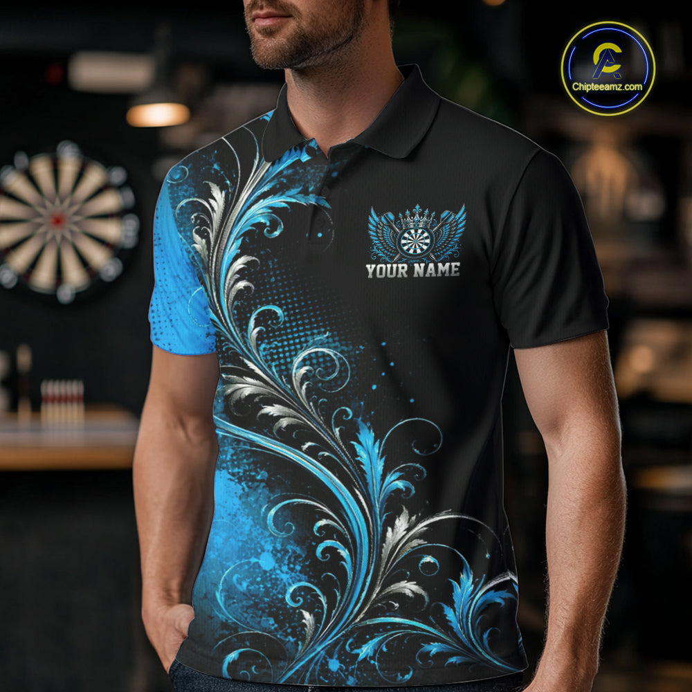Custom Black And Blue Floral Darts With Wings Men Polo Shirt, Dart Team Jersey IPHW12083