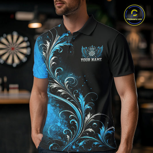 Custom Black And Blue Floral Darts With Wings Men Polo Shirt, Dart Team Jersey IPHW12083